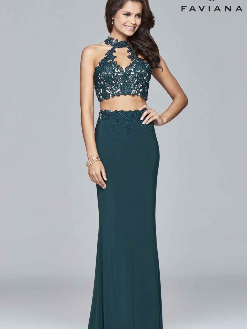 Jersey two-piece with lace top Faviana Gown in Evergreen