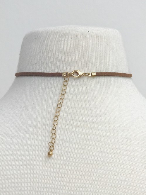 Suede Choker With Glass Pearl, Brown 2