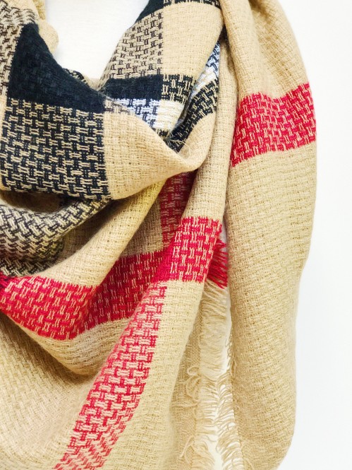 Square Plaid Scarf in Beige 2