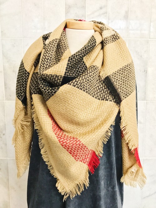 Square Plaid Scarf in Beige 1