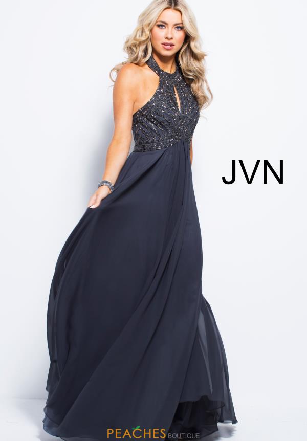 High Halter Jovani Long Beaded Dress JVN59044 in Charcoal chicdoor.com